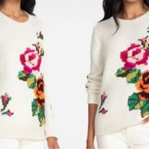 Johnny Was Rosemary Alpaca Wool Pullover Sweater L Floral Embroidery White Chic